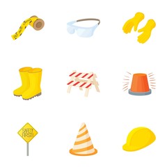 Repair of asphalt roads icons set, cartoon style
