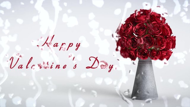 Ein Strau&szlig; mit Rosen in einer Vase zum Valentinstag hinter einer Glasscheibe mit Wassertropfen