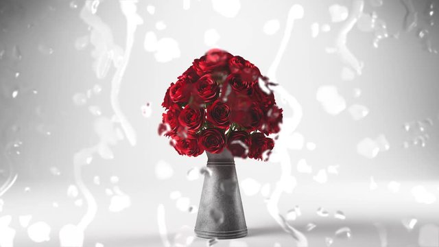 Ein Strau&szlig; mit Rosen in einer Vase zum Valentinstag hinter einer Glasscheibe mit Wassertropfen