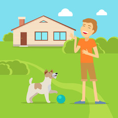 Obraz na płótnie Canvas Sanguine Temperament Type Boy with Dog.