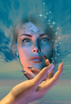 la mano di una strega crea un incantesimo evocando la bella regina delle amazzoni