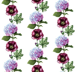 Handwork watercolor seamless pattern with dark red mallow flower and  blue hydrangea on white background. Hand drawn botanical illustration.  - 133998423
