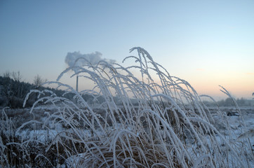 Frosty winter in countryside with power-plant. Near Kiev,Ukraine
