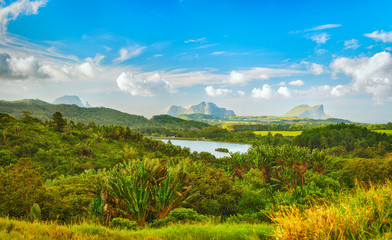 Fototapeta na wymiar View of a lake and mountains. Mauritius. Panorama