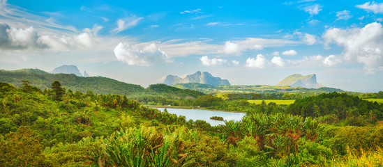 View of a lake and mountains. Mauritius. Panorama
