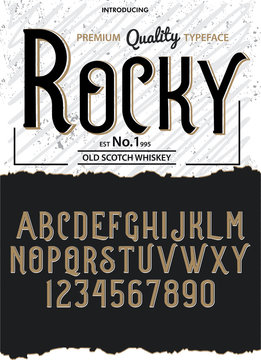 Typeface. Label. Rocky typeface, labels and different type designs