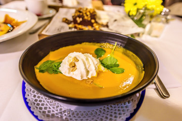 Fresh Pumpkin soup at a restaurant Barcelona, Spain