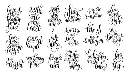 set of black and white hand written lettering about love