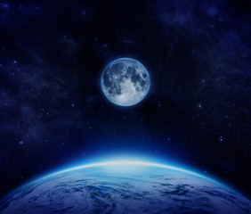 Obraz na płótnie Canvas Blue Planet Earth, moon and stars from space on sky