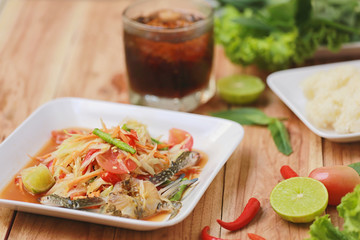 SOM TUM,Thai foods or papaya salad in spicy taste and is popular