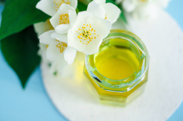 Aroma massage oil (perfume) with jasmine essence. Spa concept