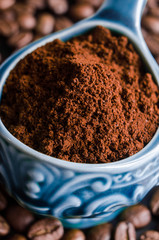Ground coffee in a bowl. Homemade face and body scrub