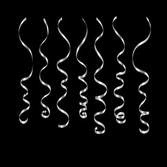 Curly ribbon serpentine confetti. Silver streamers set on black background. Colorful design decoration for party, holiday event, carnival, Christmas, New Year greeting. Vector illustration