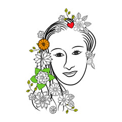 Beautiful face and flowers in black and white