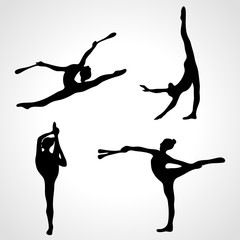 Gymnastic girls with clubs silhouettes collection. Art gymnastics vector set