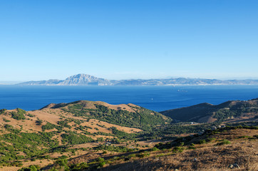 Views of the Strait of Gibraltar and the mountain Jebel Musa in Morocco from the Spanish side,...