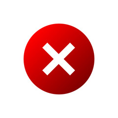 Cross sign element. Red X icon isolated on white background. Mark graphic design. Round volume button for vote, decision, web. Symbol error, check, wrong or stop, failed. Vector illustration