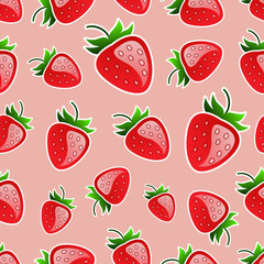 Red strawberries with green leaves and white stroke on pink back