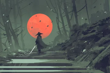 Wandcirkels aluminium Samurai staande op de trap in het nachtbos met de rode maan op de achtergrond, illustratie schilderij © grandfailure