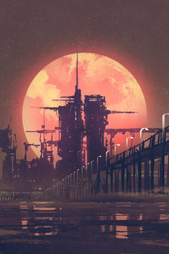 night scenery of futuristic city with red planet on background,illustration painting