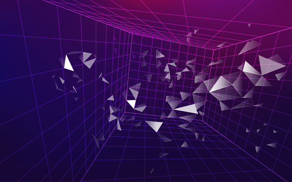 3D Wirframe Grid In Dimension, Futuristic Backdrop, Abstract Technology Background