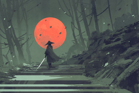 Fototapeta Samurajowie stoi na schody w noc lesie z czerwoną księżyc na tle, ilustracyjny obraz