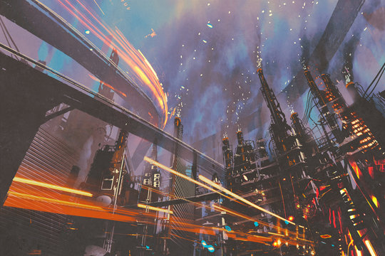 Fototapeta sci-fi scenery of futuristic city with industrial buildings,illustration painting