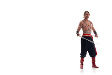 portrait of actor athlete man in trousers with naked torso training with chain on white background