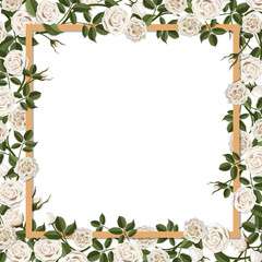 Square frame overgrown blossom rose flowers. Vector template for greeting card, wedding or Valentine's day.