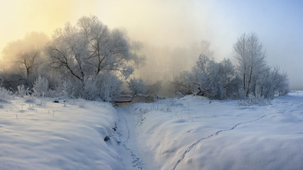 Fog over the winter river