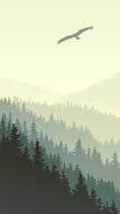 Vertical illustration of misty forest hills.