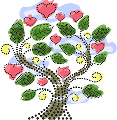 Tree with leaves, hearts and swirls made of dots on clouds background. Colorful spots painting. Vector illustration.