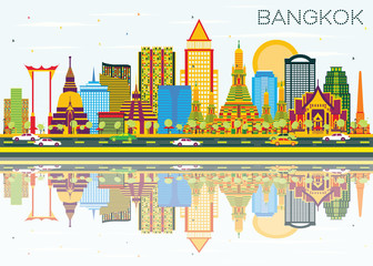 Bangkok Skyline with Color Landmarks, Blue Sky and Reflections.
