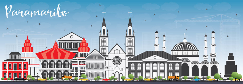 Paramaribo Skyline with Gray Buildings and Blue Sky.