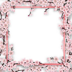 Pink frame overgrown sakura tree branches with blossom flowers. Vector template for greeting card, seasonal invitation and sale.