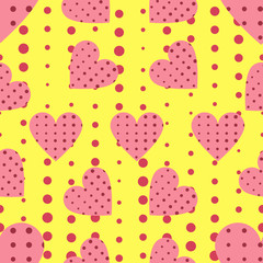 Seamless pattern with hearts and dots in a pop art style. Vector illustration