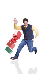 funny delivery service man with colored boxes