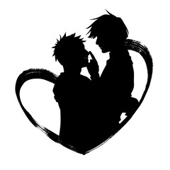 Hand drawn illustration of hugging couple inside the heart shape. Black silhouette isolated on white background. Simple cartoon anime style. Valentine day greeting card.