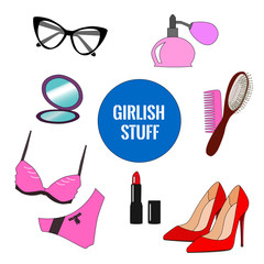 Vector set of girlish things: shoes, glasses, swimsuit, mirror, pomade