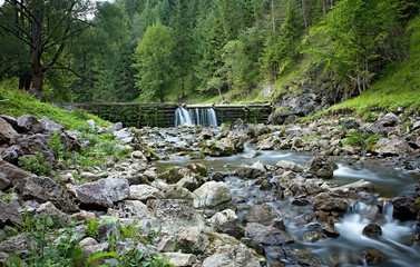 Small waterfall at the confluence rivers Borovianka, Hutianka and Raztocianka in Kvacianska valley .