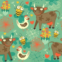 Painting Seamless background for children with cows, chicken, bee