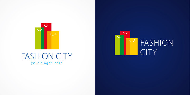 Fashion city logo. Template logo for the shopping center in the shape of high-rise buildings of colorful bags. Online fashion store sign, shop and  gifts symbol. Set of colored sopping packages.