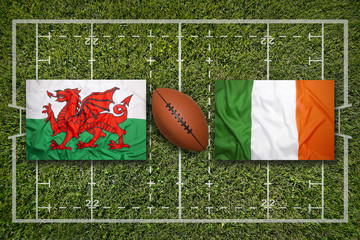 Obraz premium Wales vs. Ireland flags on rugby field