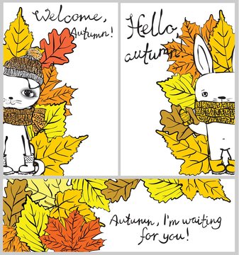 Vector illustration of cute autumn rabbit and cat for invitation, greeting card design, t-shirt print, inspiration poster.