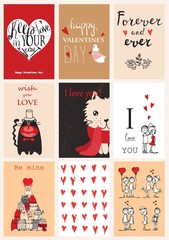 Valentine's greeting cards with cute bear,cats, hearts and floral elements.