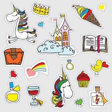 Patch badges with magic unicorn and other magic elements.Set of stickers, pins, patches in cartoon 80s-90s comic style.