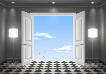 Open door in the sky. The interior of the dark room. Vector graphics