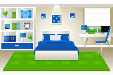 The interior of the bedroom. Room in blue and green color. Bed, wardrobe, table. Cartoon. Flat style