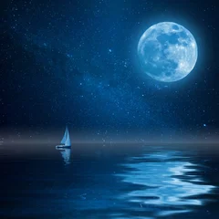 Papier Peint photo Lavable Nuit Yacht solitaire dans l& 39 océan avec lune et étoiles