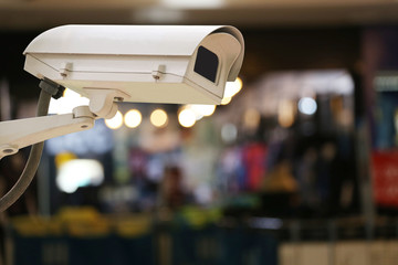 CCTV Camera Record on blur background of  interior restaurant.